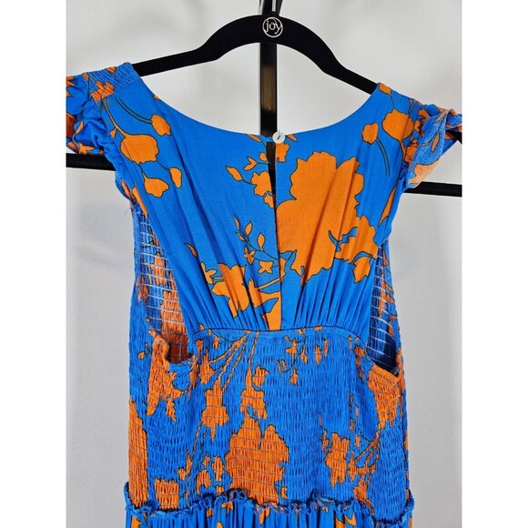 ABEL THE LABEL Blue Orange Floral Smocked Long Sundress-SZ S - Picture 4 of 6